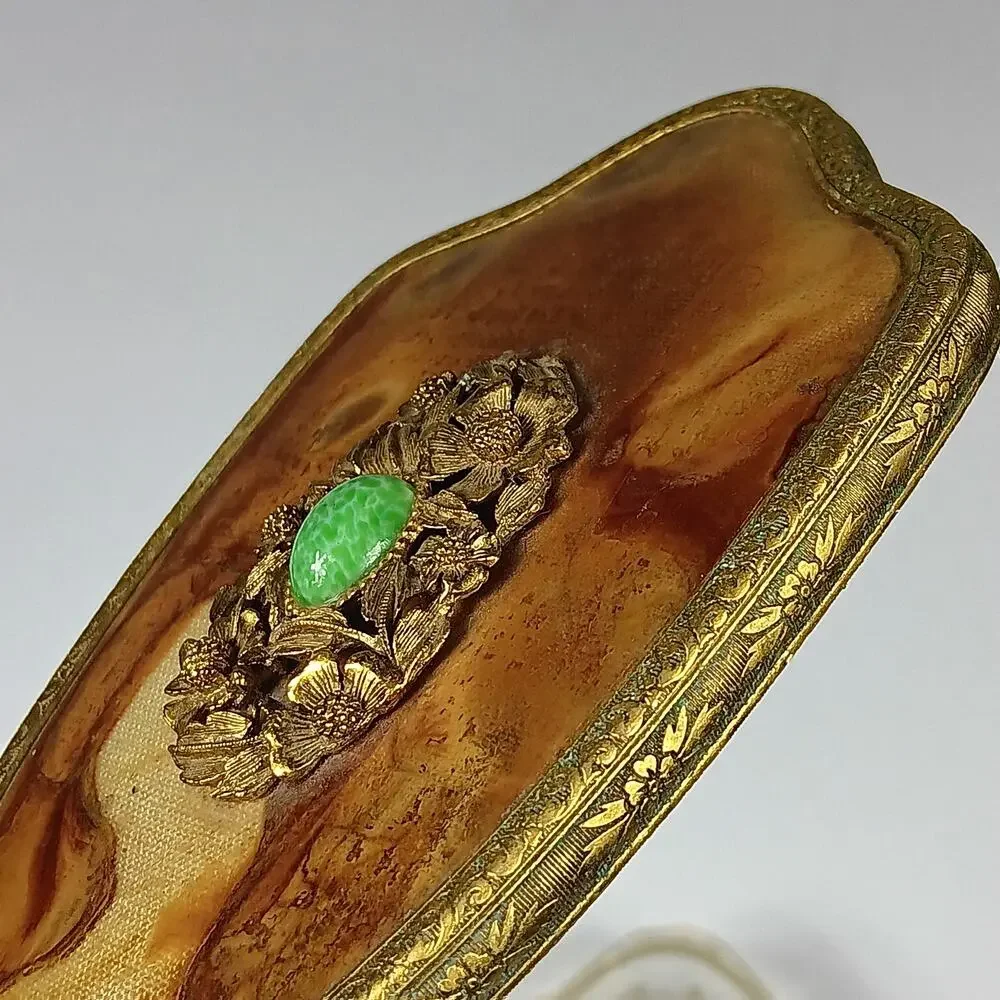Vintage Hair Brush Brown Marble Like Back Golden Handle Clear Bristles Removable